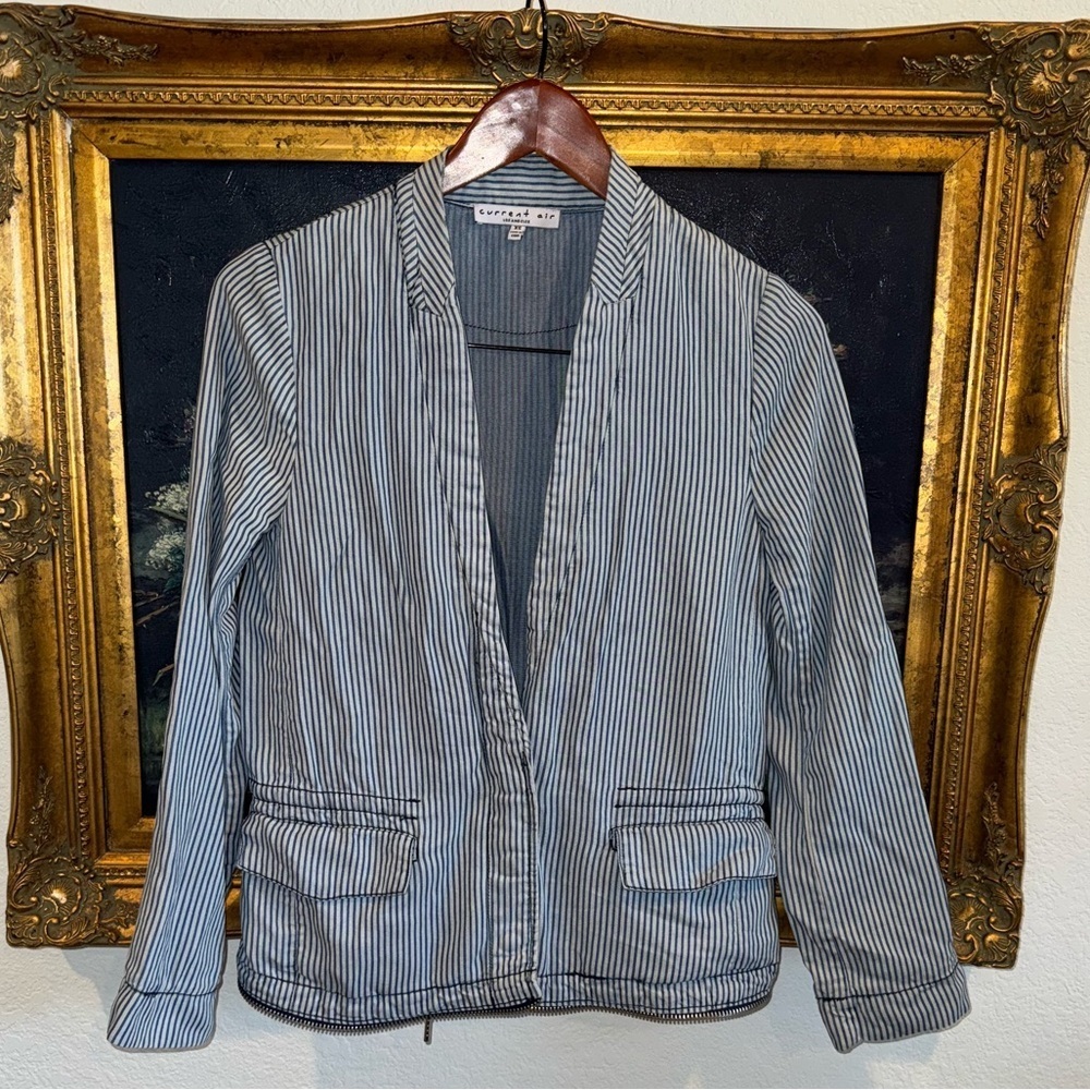 Current Air 100% Tencel Blue Railroad Stripe V-Neck Lightweight Jacket Size XS